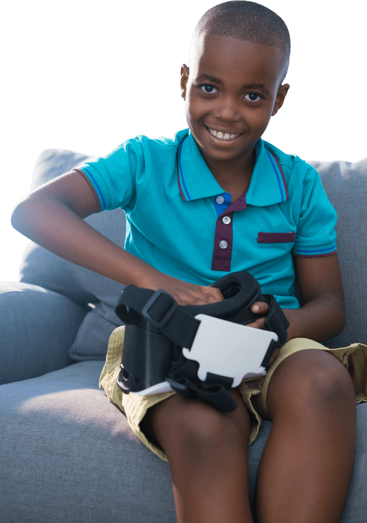 Smiling Boy Holding Virtual Reality Simulator, Transparent Background