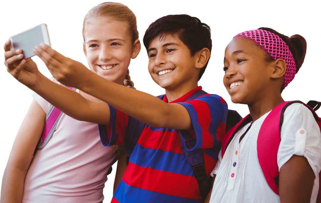 Diverse School Kids Taking Selfie on Transparent Background
