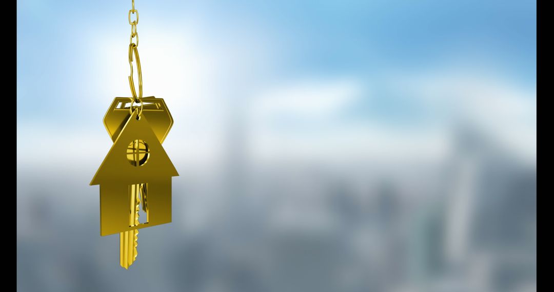 Golden Keys with House Keychain Floating on Blurred Urban Background