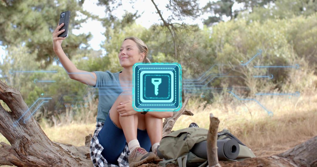 Young Woman Taking Selfie on Fallen Log with Backpack and Digital Key Graphic