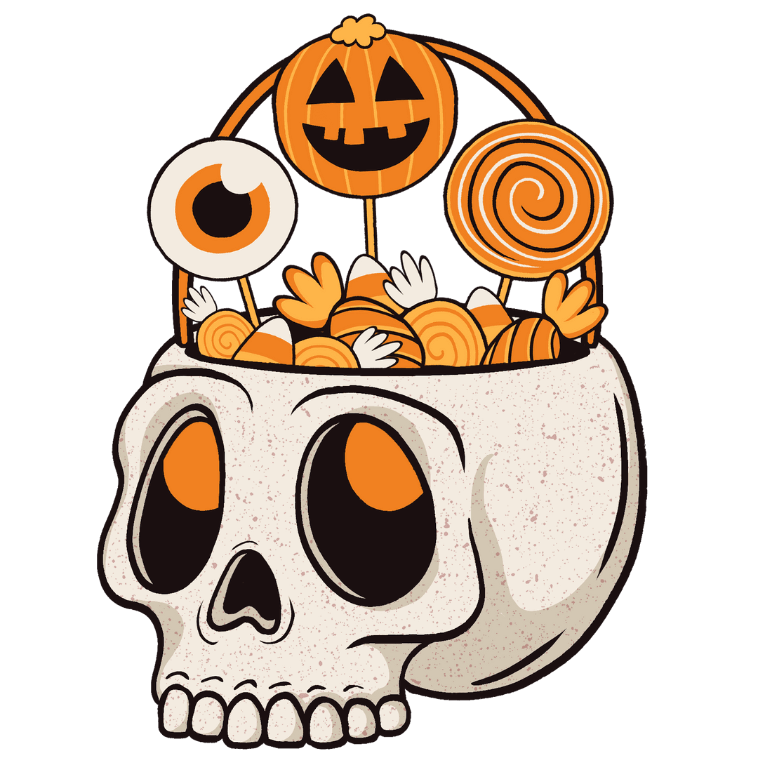 Gothic Skull Holding Halloween Candy on Transparent Background