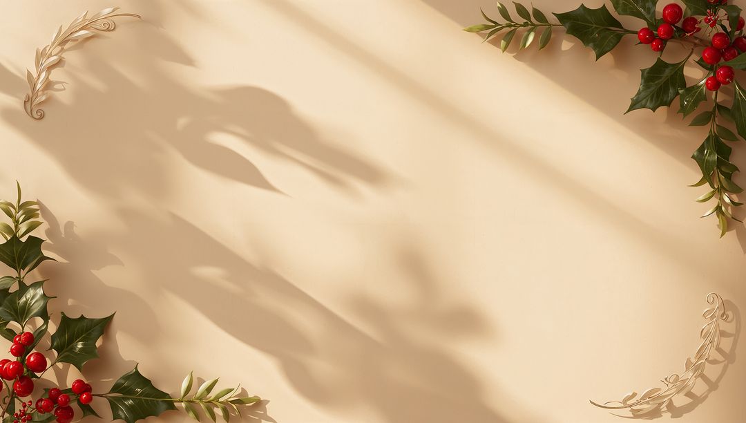 Framing beige card casting soft leaf shadows with glossy holly and gold laurel accents