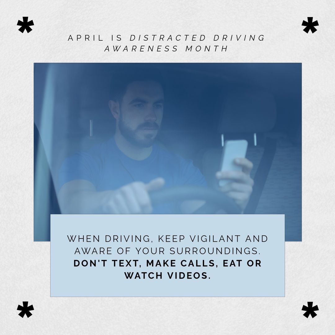 Distracted Driving Awareness Message for April with Man Using Smartphone in Car - Download Free Stock Templates Pikwizard.com