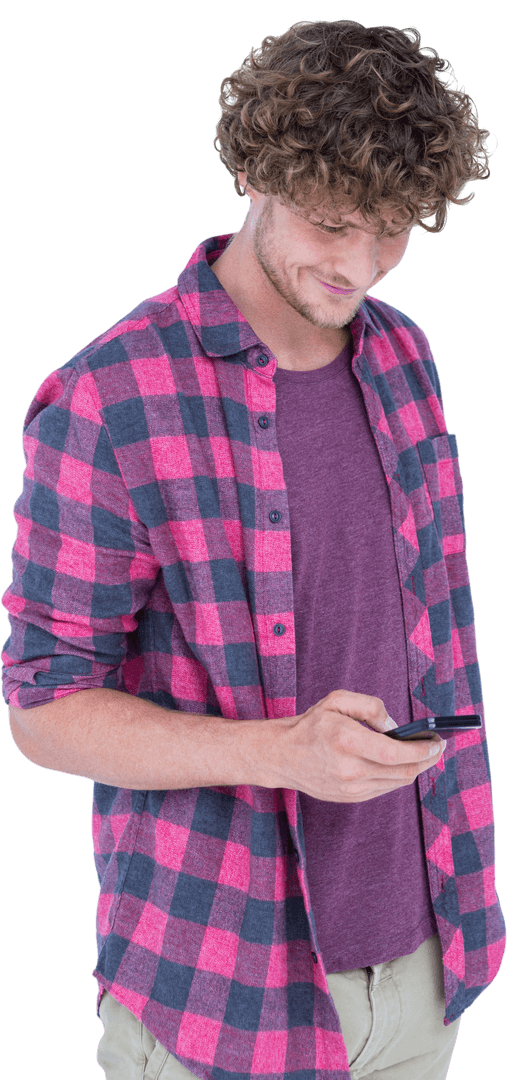 Smiling Curly-Haired Man Using Smartphone Isolated Transparent