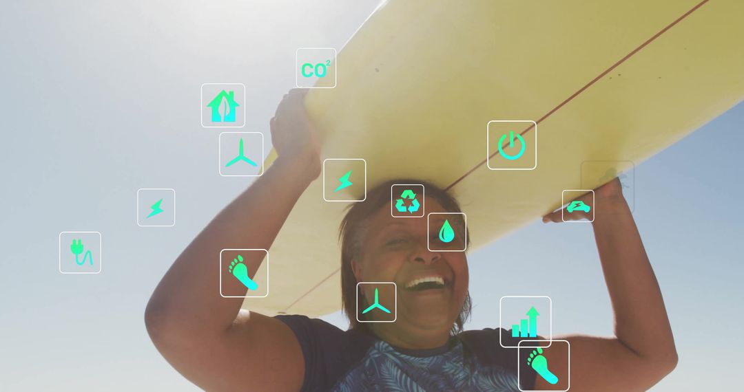 Senior Woman Smiling Holding Surfboard Displaying Eco Icons