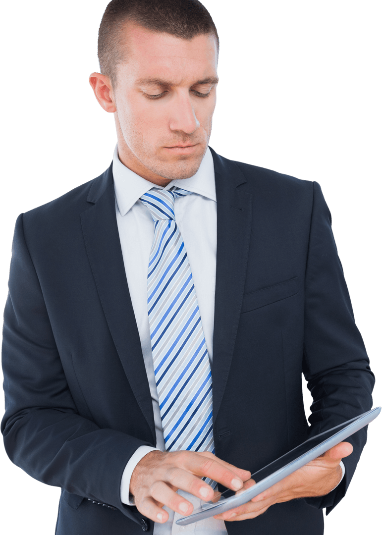 Thoughtful Businessman Using Tablet on Transparent Background