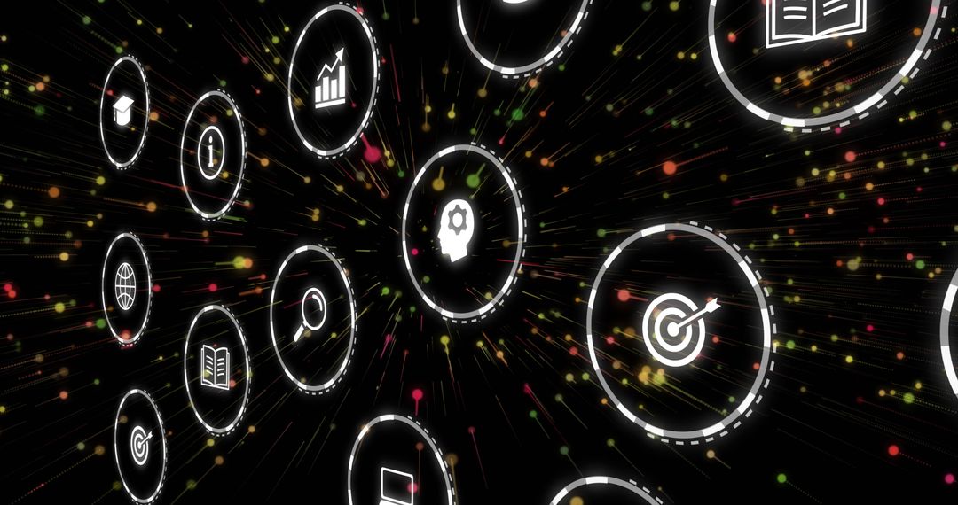 Digital Network Connection Interface with Icons on Black Background