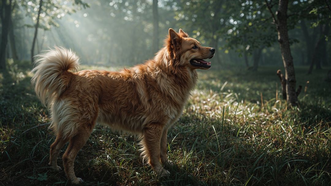 Alert Fluffy Canine in Sunlit Forest Clearing with Bushy Tail