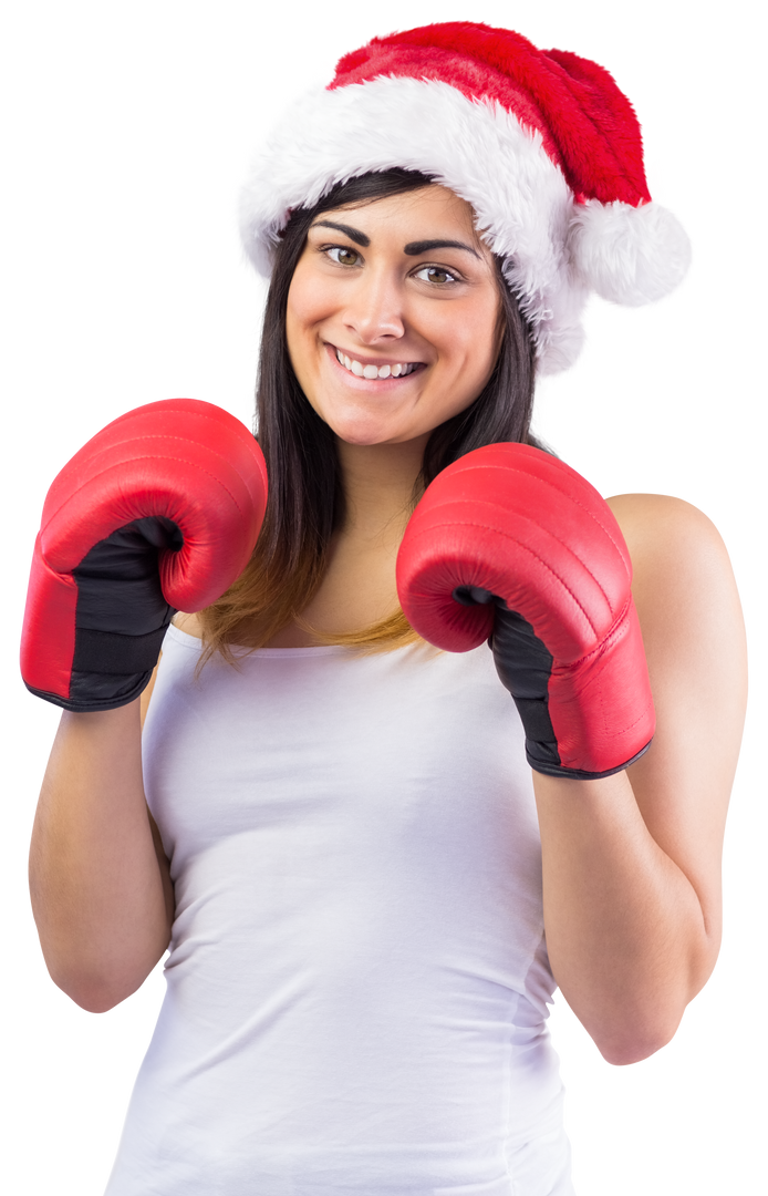 Festive Brunette Woman Wearing Santa Hat with Red Boxing Gloves Transparent Background - Download Free Stock Images Pikwizard.com