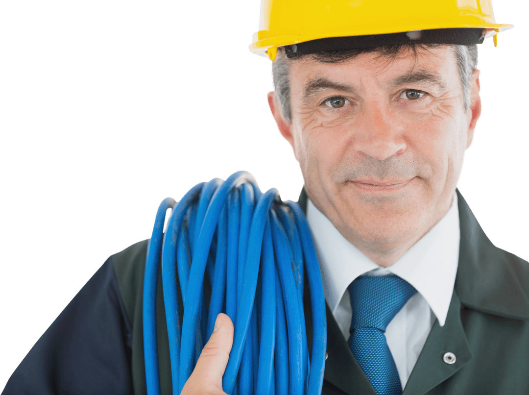 Confident Specialized Technician with Electric Wire on Shoulder Transparent Background