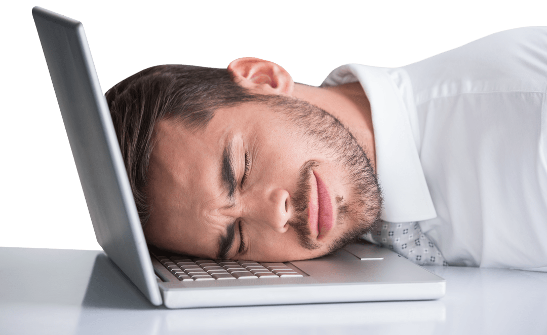 Exhausted Businessman Resting on Laptop Keyboard Transparent Background