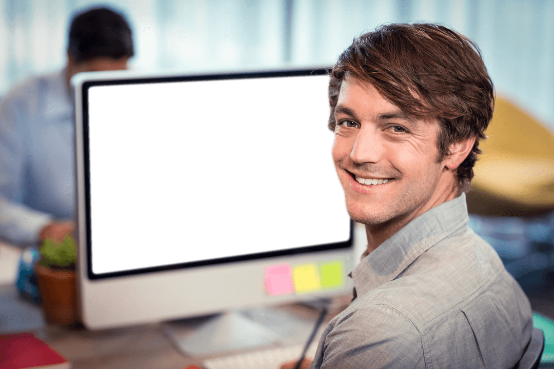 Transparent Monitor Display Businessman Working Modern Office