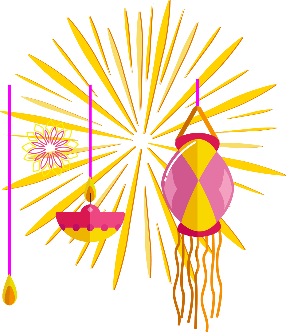Flat Design Transparent Decor with Sunburst Lantern and Diya Elements