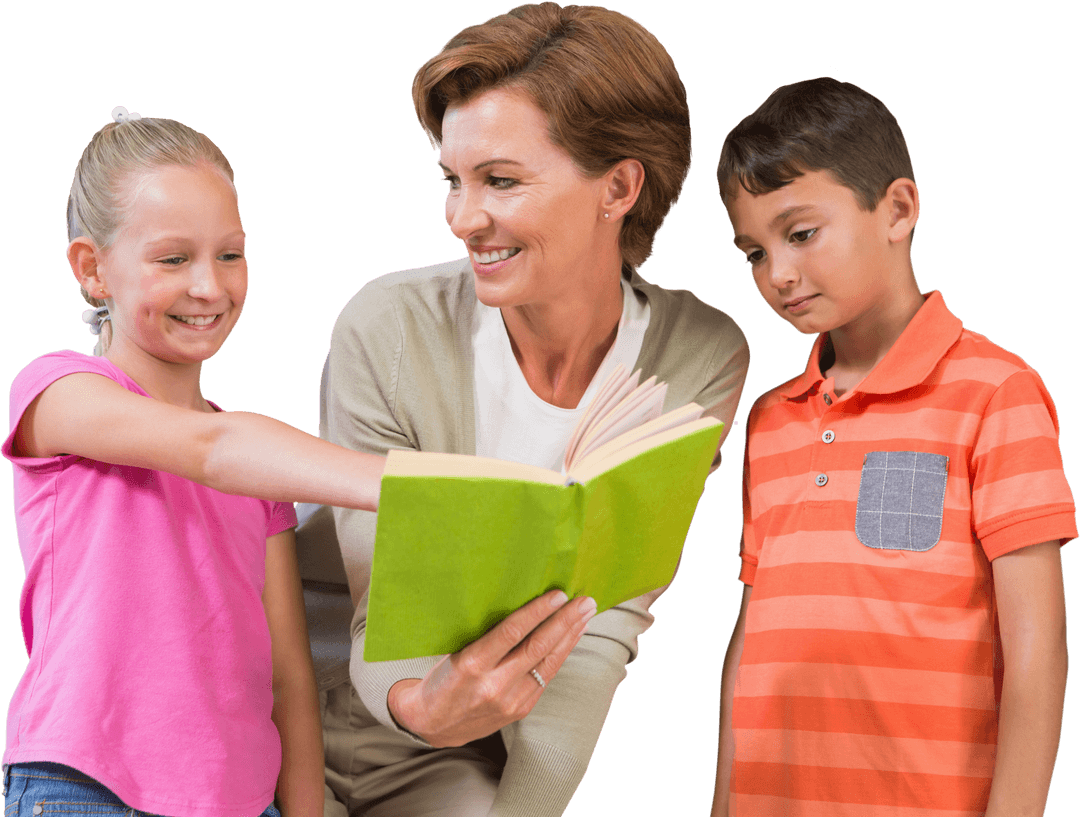 Transparent Teacher Reading Book with Enthusiastic Students