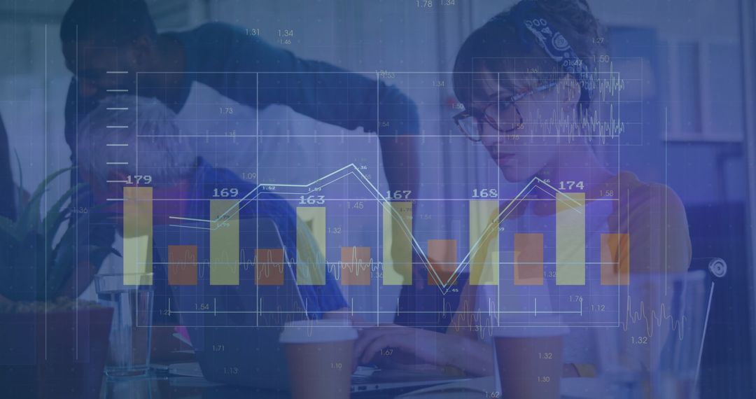 Team Collaborating on Financial Data with Holographic Charts in Modern Office