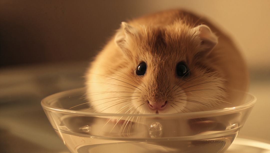 Golden-brown hamster perching on glass bowl rim close-up, wet whiskers, soft warm light