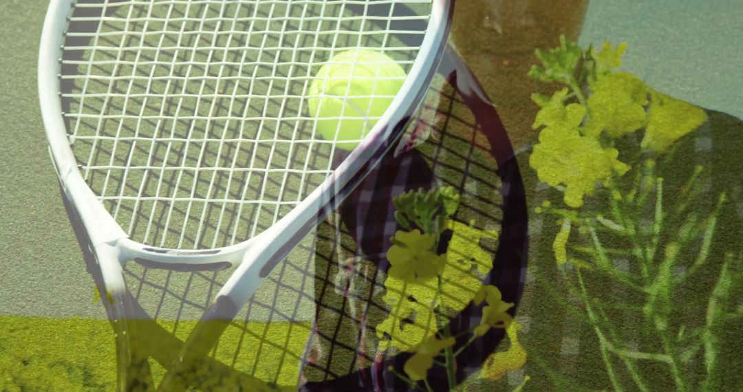 Tennis Racket with Ball and Flower Overlay on Court