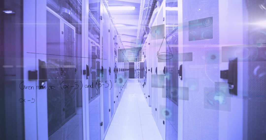 Mathematical Equations Overlaid on Server Room Reflecting Data Processing