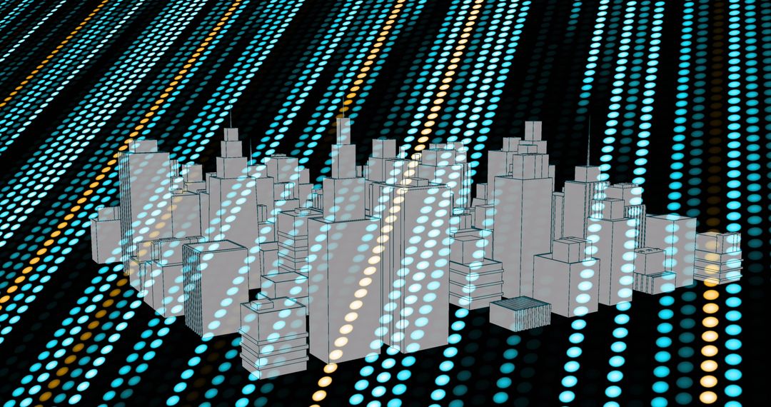 Futuristic Metaverse City with Digital Binary Code Lines