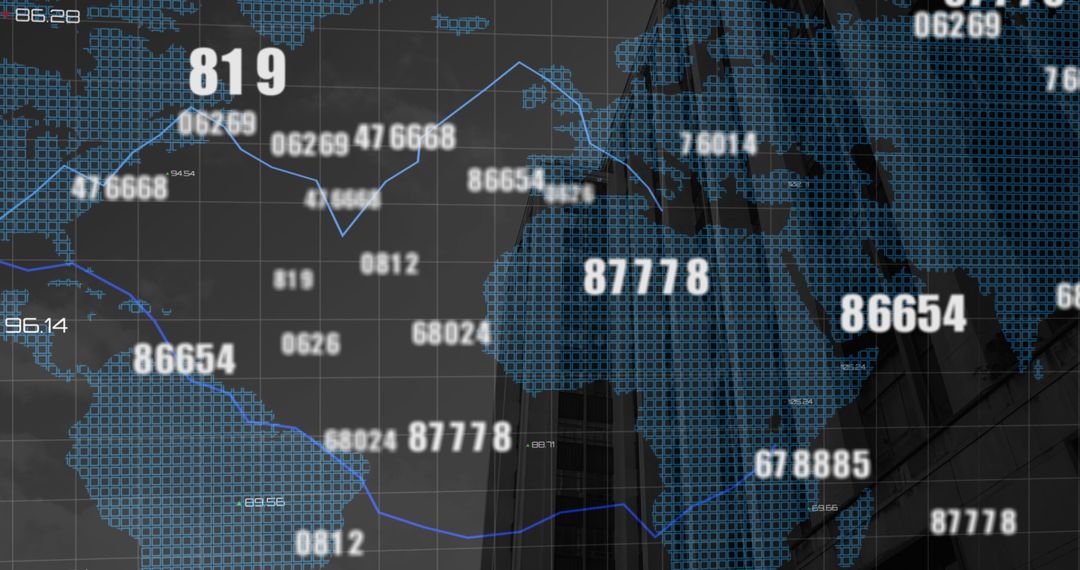 Digital Data Overlay on World Map and City Skyline
