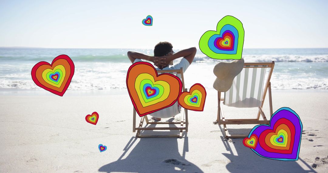 Couple Relaxing on Beach with Colorful Hearts Illustrating Love