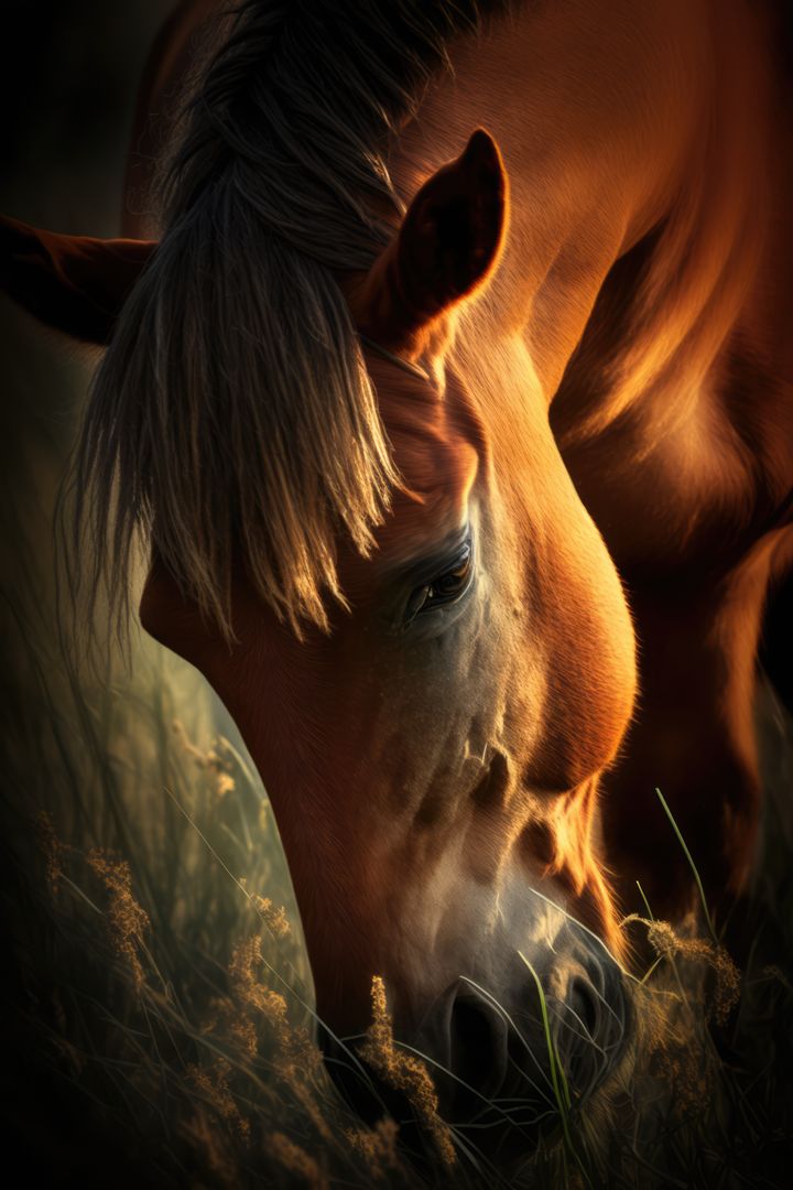 Close up of brown horse standing in field, created using generative ai technology - Free Images, Stock Photos and Pictures on Pikwizard.com