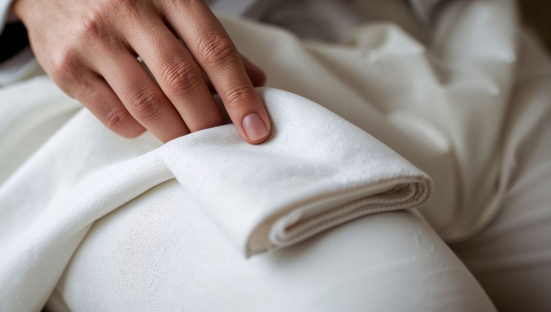 Hand Touching Folded White Linen on Lap Showing Fabric Texture and Soft Home Comfort