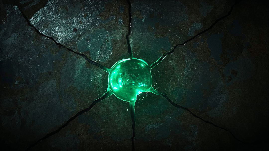 Futuristic Glowing Green Orb in Rusted Metal Wall