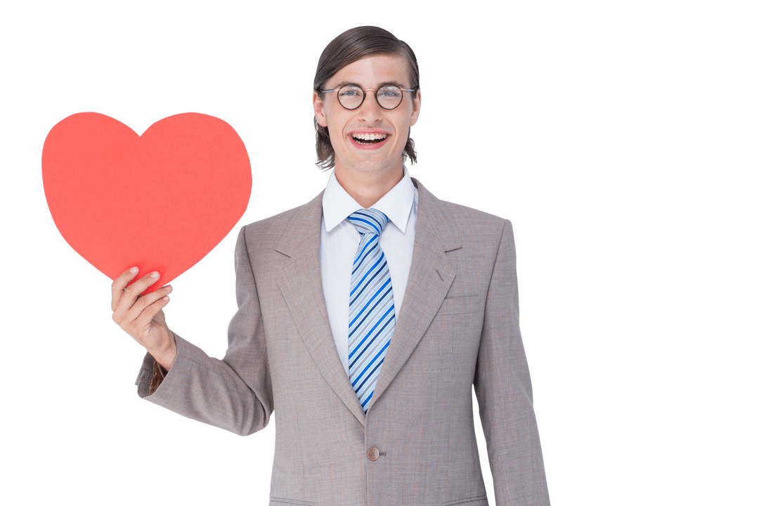 Transparent Geeky Businessman Smiling Holding Heart Card