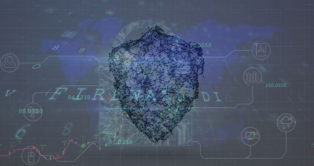 Cybersecurity Shield Icon Over Digital World Map