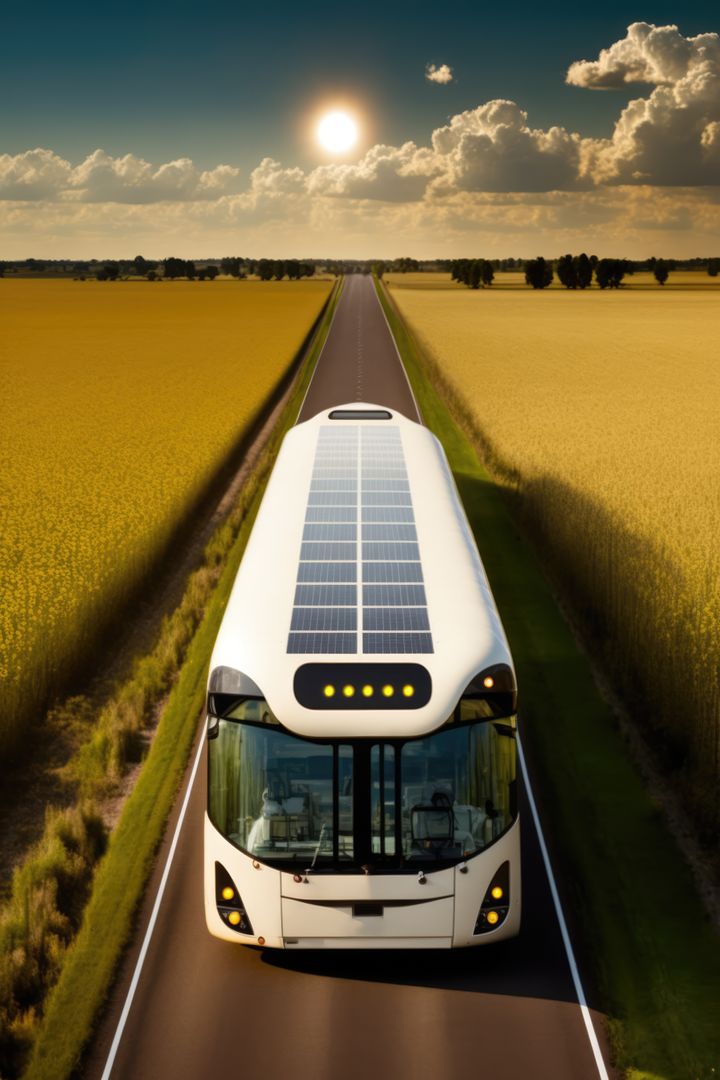 Solar powered bus driving in countryside, created using generative ai technology - Free Images, Stock Photos and Pictures on Pikwizard.com