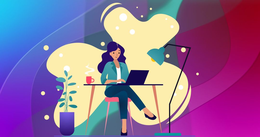 Woman Working on Laptop with Abstract Background Illustration