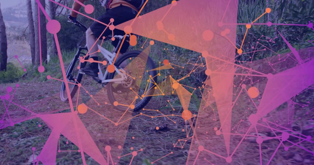 Cyclist on Dirt Trail with Futuristic Network Overlay