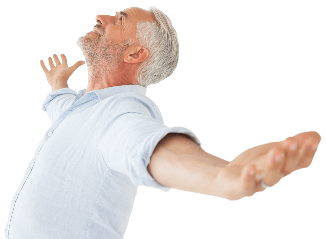 Joyful Senior Man with Open Arms Celebrating Freedom on Transparent Background