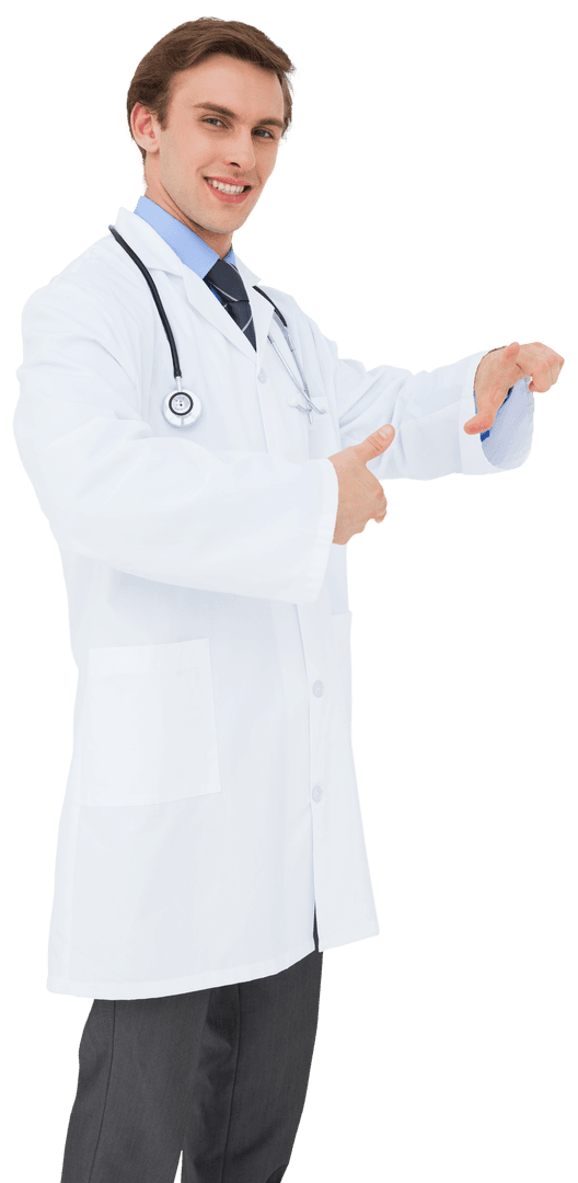 Happy Male Doctor Pointing Professionally on Transparent Background