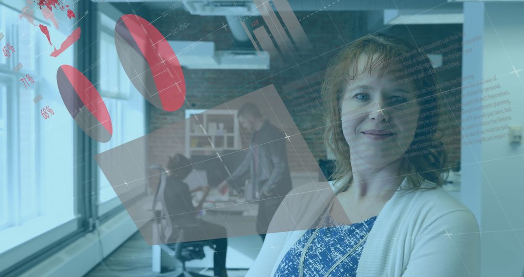 Businesswoman Smiling in Futuristic Office with Data Overlay