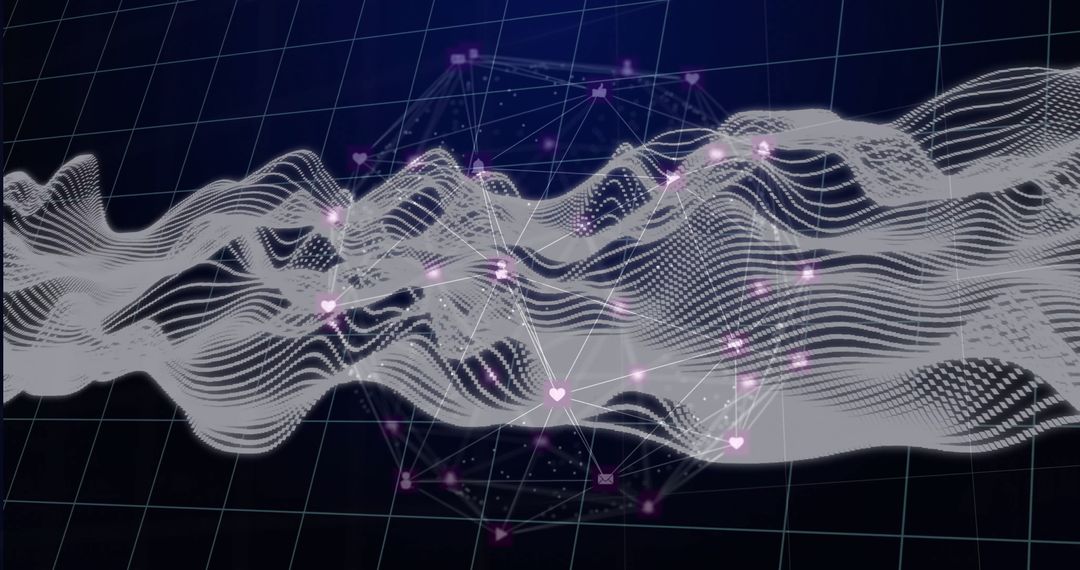 Abstract Digital Wave with Icons on 3D Grid Showcasing Connectivity