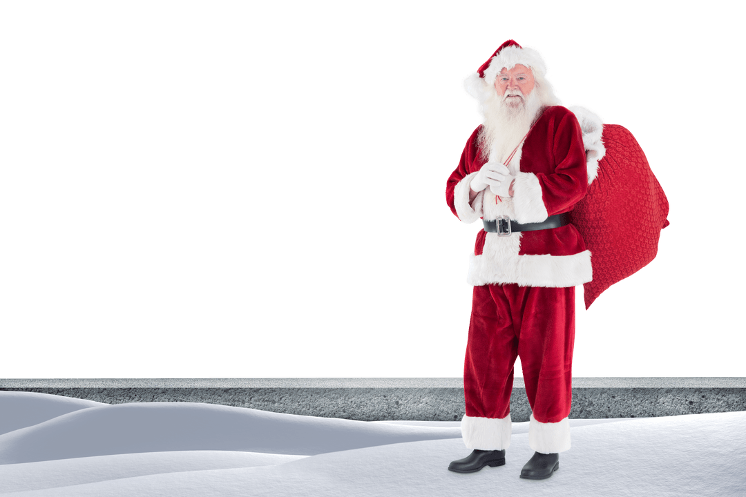 Santa Claus Standing on Transparent Snowy Winter Scene