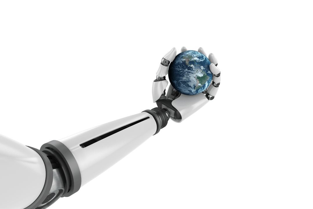 Robotic Arm Holding Globe on Transparent Background