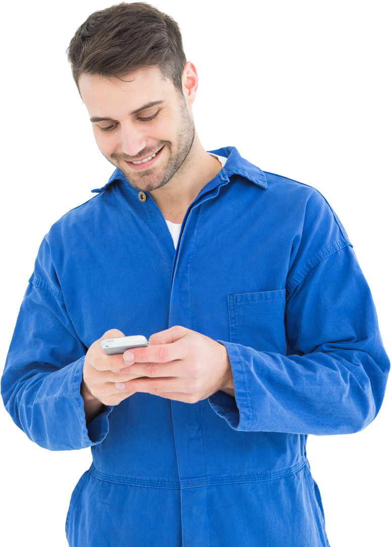 Transparent smiling young male mechanic texting with mobile - Download Free Stock Images Pikwizard.com