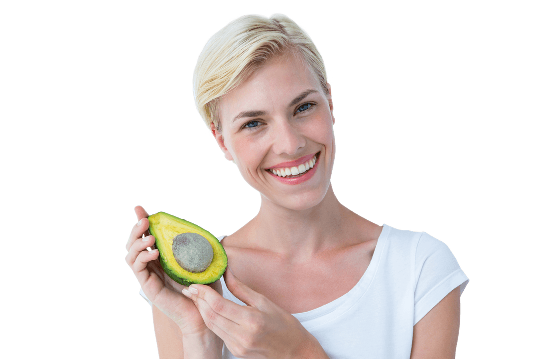 Smiling Woman Holding Fresh Avocado on Transparent Background