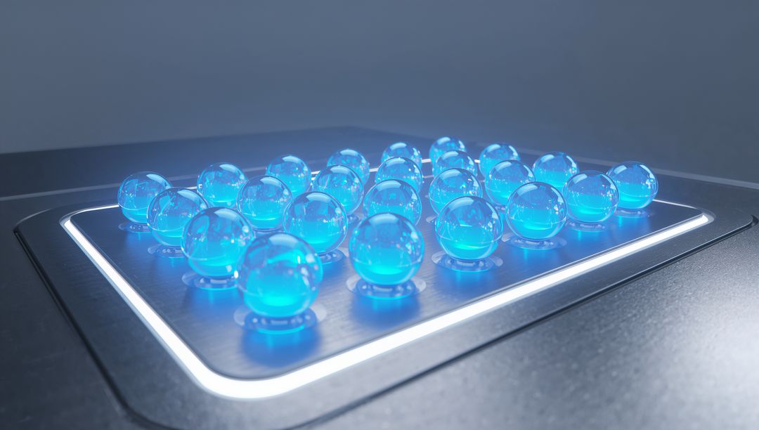 Futuristic glowing cyan glass orbs resting on illuminated metallic grid tray
