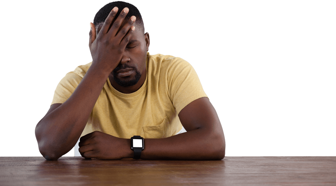 Stressed Young Man Sitting at Table with Transparent Background