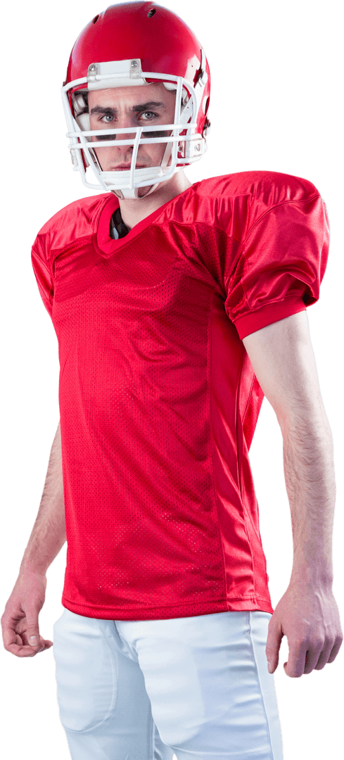 Focused American Football Player in Helmet Looking at Camera on Transparent Background