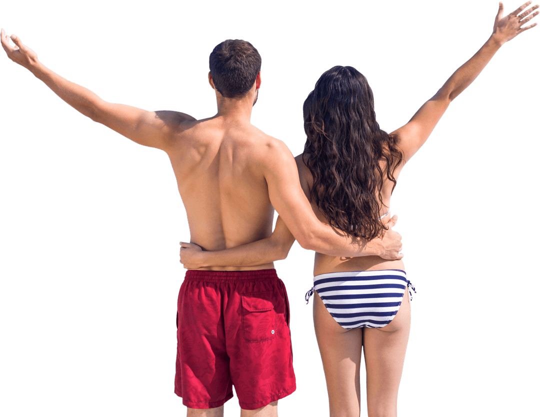 Joyful Couple Celebrating Vacation on Beach with Transparent Background