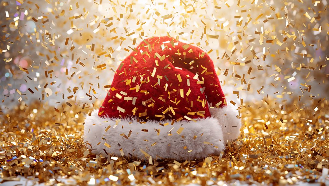 Red Santa hat resting on glossy surface with falling gold confetti and warm bokeh glow