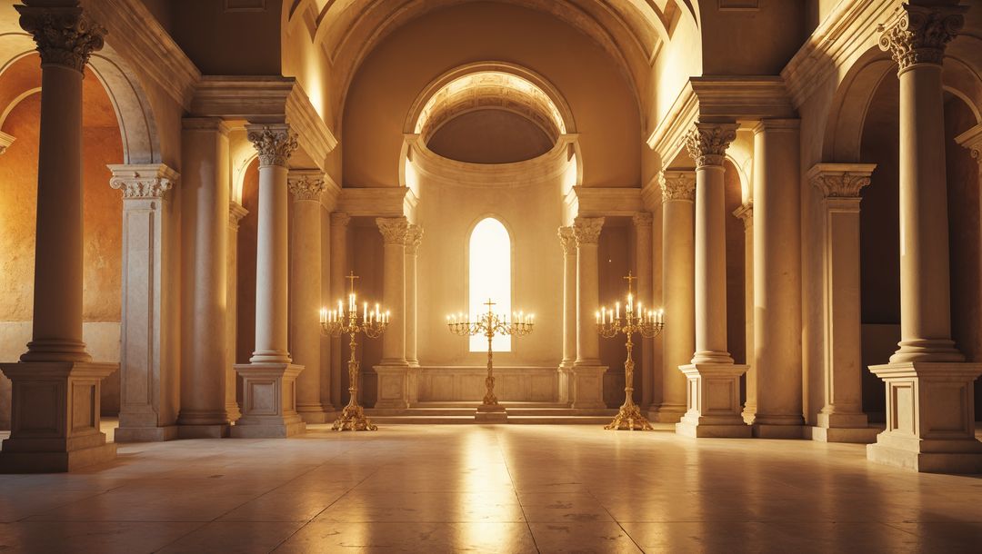 Majestic Cathedral Hall with Illuminated Altar Cross at Sunrise