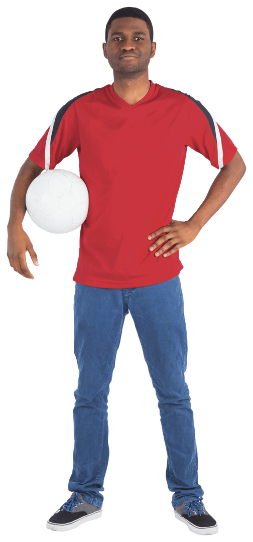 Confident Athlete Standing with Soccer Ball on Transparent Background