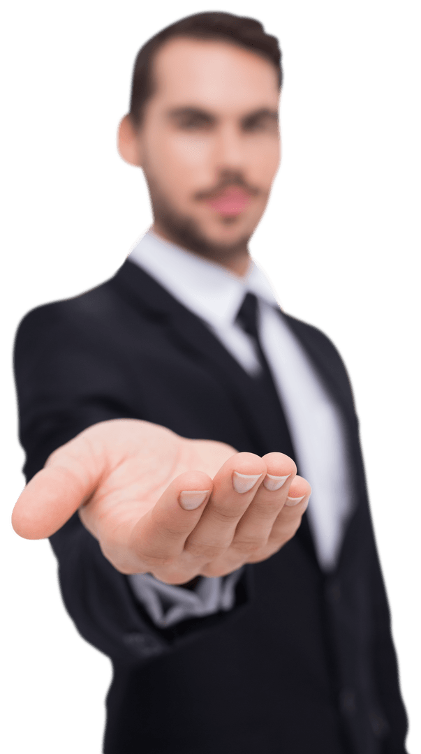 Transparent Cheerful Businessman Offering Open Hand Gesture