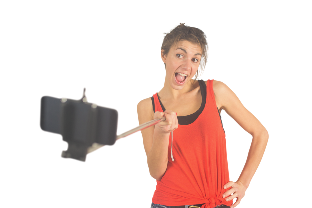 Cheerful Woman Posing with Selfie Stick on Transparent Background - Download Free Stock Images Pikwizard.com